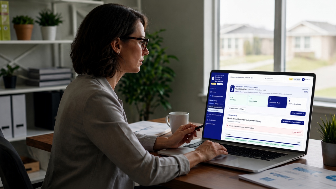Vermieterin am Laptop mit Nebenkosten-Fix Plausibilitäts-Check